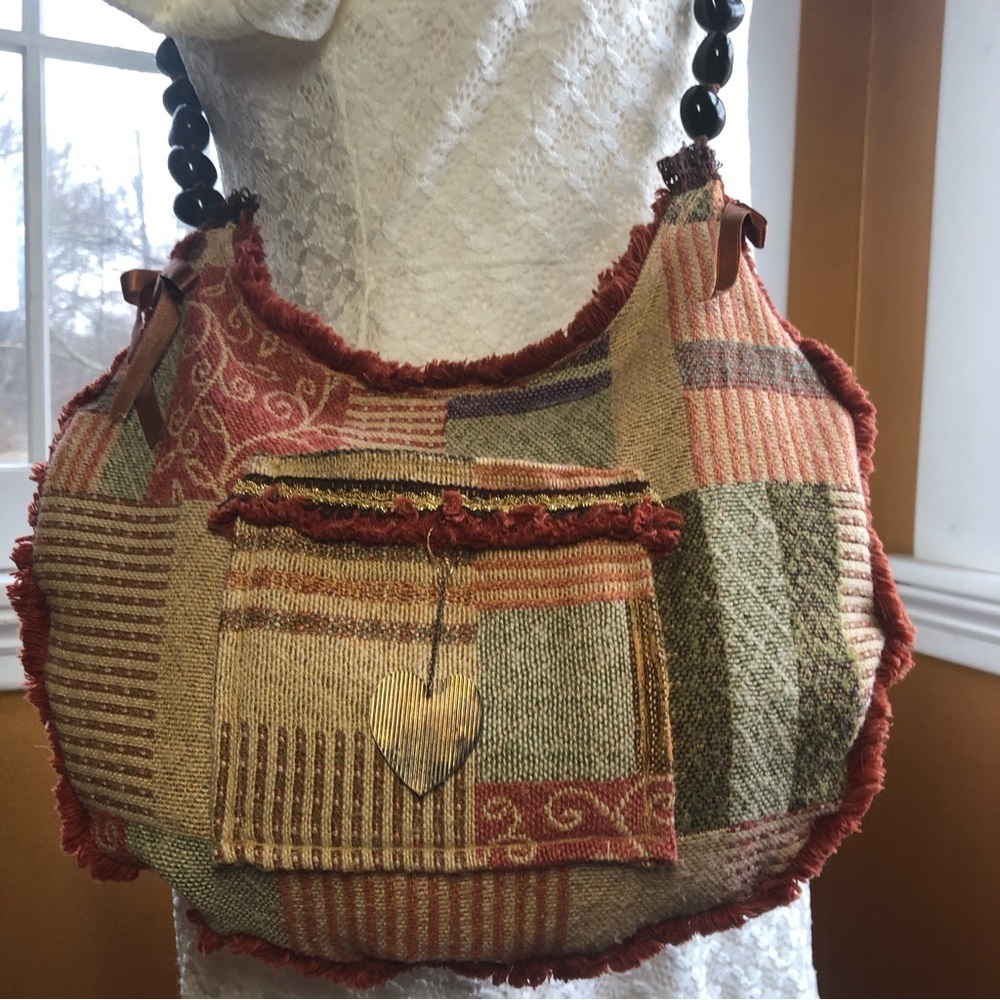 Handmade Boho hippy Fringe Bag with new & recycled fabric kukiu nuts,moon,stars - Picture 3 of 17